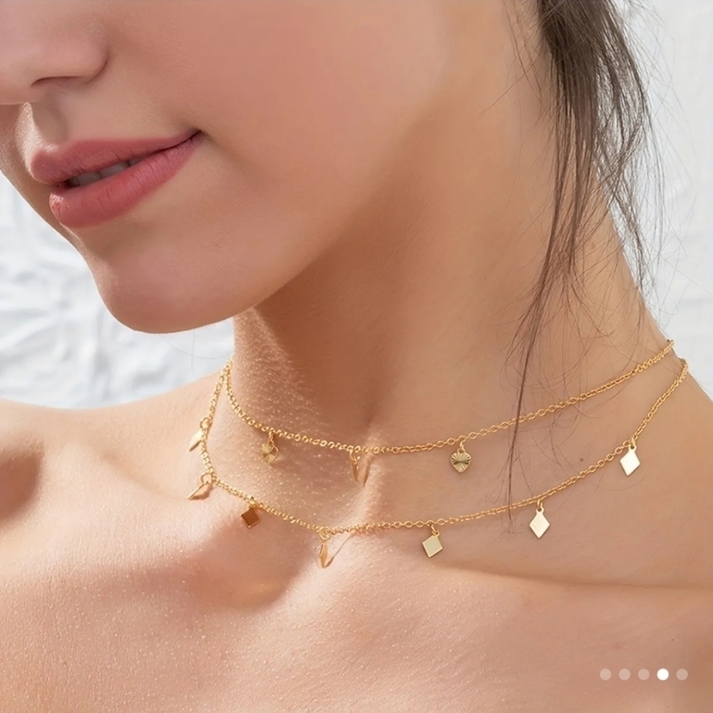 New 18K Gold Filled Double Layer Peach Heart Triangle Necklace